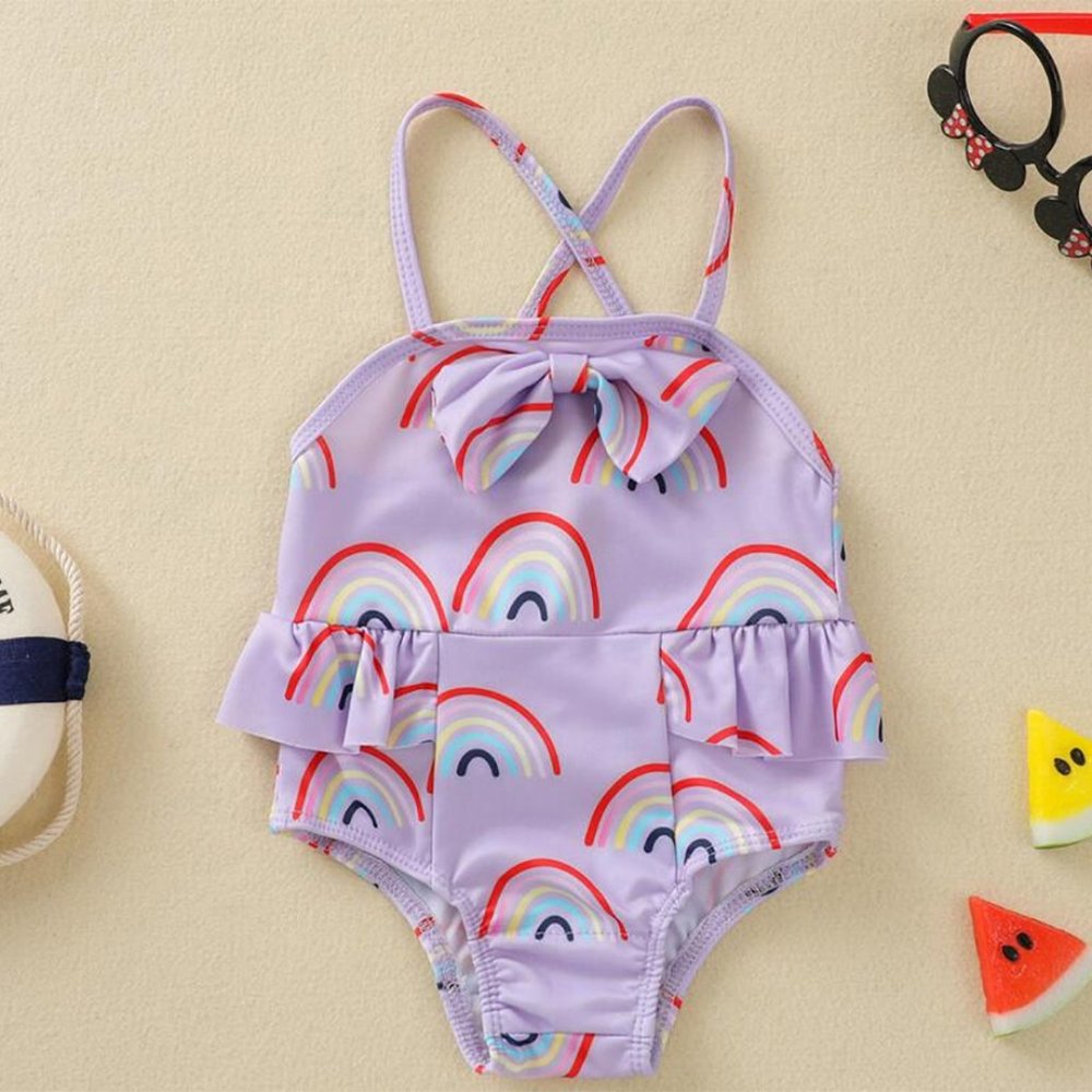 Purple Rainbow Print One-Piece Ruffle Crisscross Back Baby Girl Swimsuit